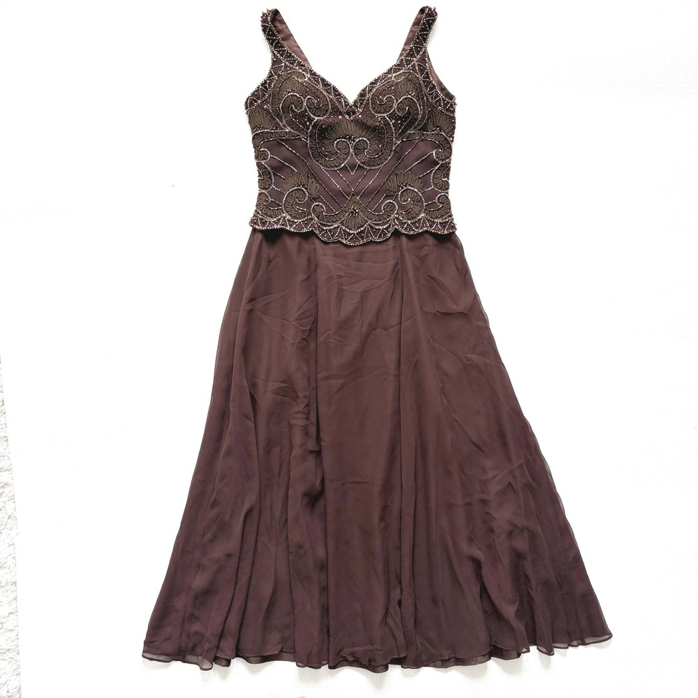 Alyce Designs Vintage Beaded Soutache Silk Maxi Dress 12 Brown